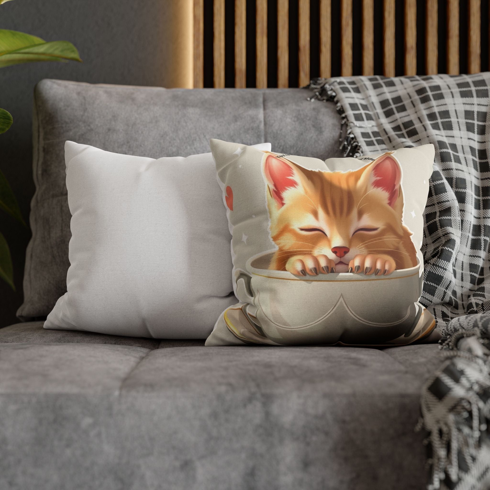 Cute Sleeping Kitten Decorative Pillowcase – Cozy Tea Cup Cat Cushion Cover