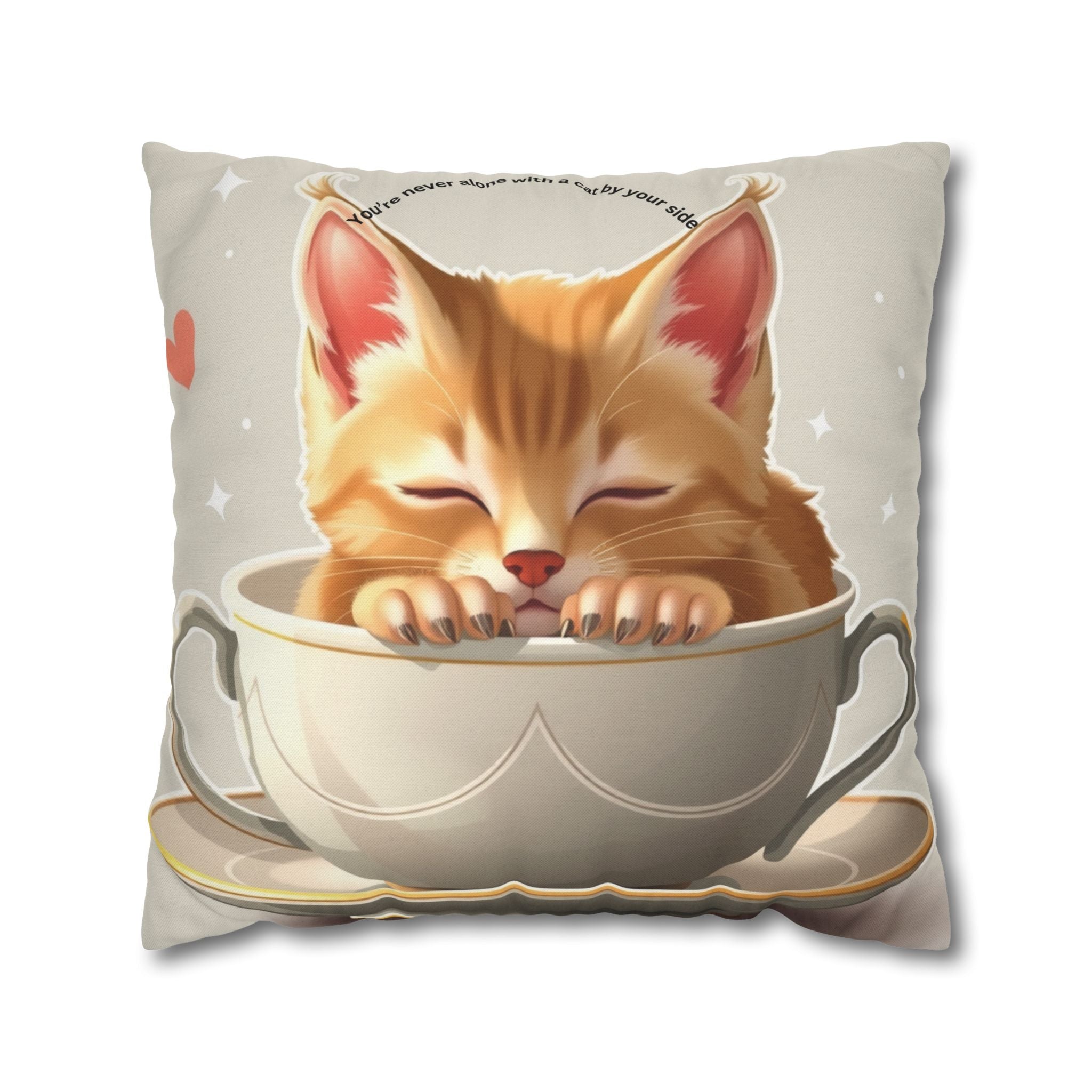 Cute Sleeping Kitten Decorative Pillowcase – Cozy Tea Cup Cat Cushion Cover