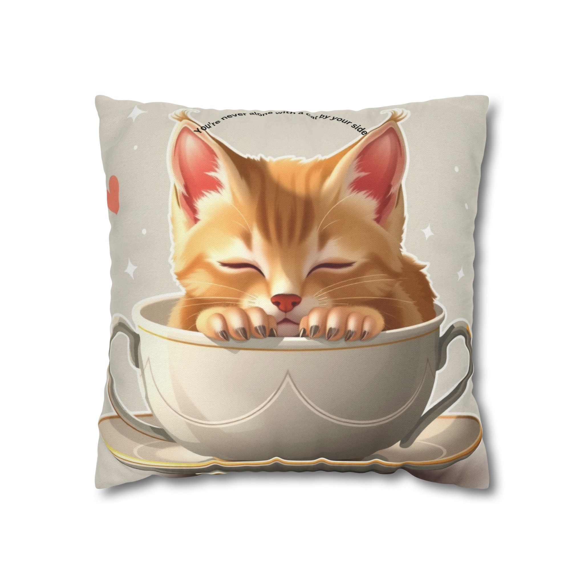 Cute Sleeping Kitten Decorative Pillowcase – Cozy Tea Cup Cat Cushion Cover