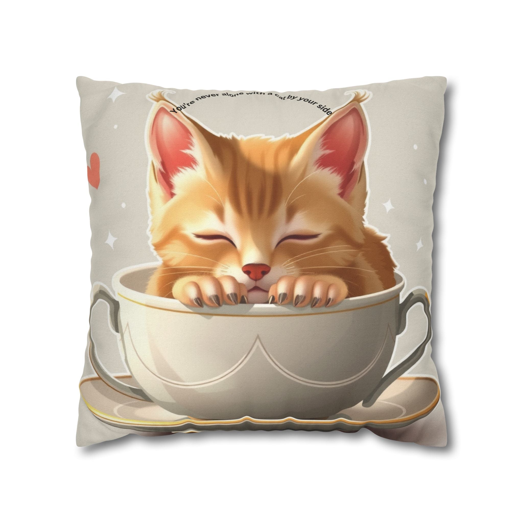 Cute Sleeping Kitten Decorative Pillowcase – Cozy Tea Cup Cat Cushion Cover
