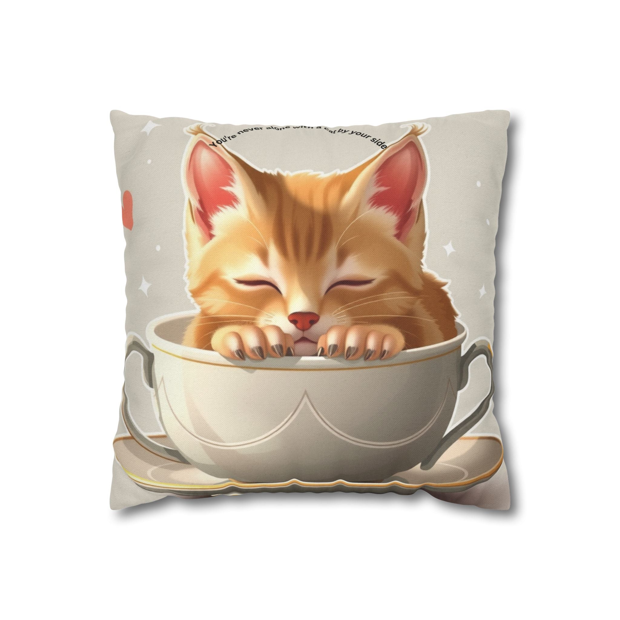 Cute Sleeping Kitten Decorative Pillowcase – Cozy Tea Cup Cat Cushion Cover