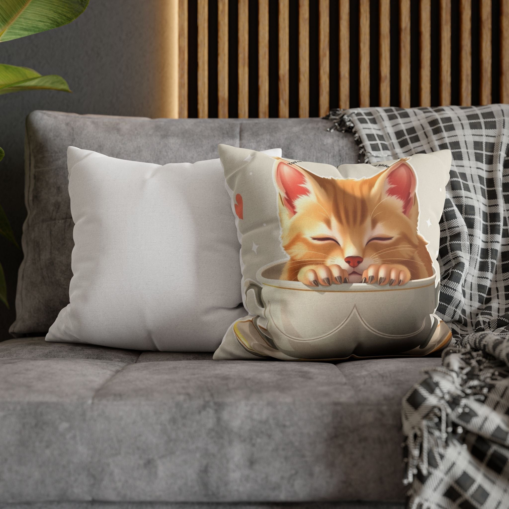 Cute Sleeping Kitten Decorative Pillowcase – Cozy Tea Cup Cat Cushion Cover